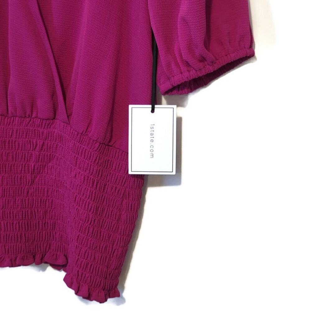 1.STATE Faux Wrap Blouse Smocked Waist Puff Sleeve Pink Women's Small NWT - Picture 3 of 11